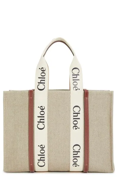 Chloé Woody Large Leather-trimmed Cotton-canvas Tote In Multi