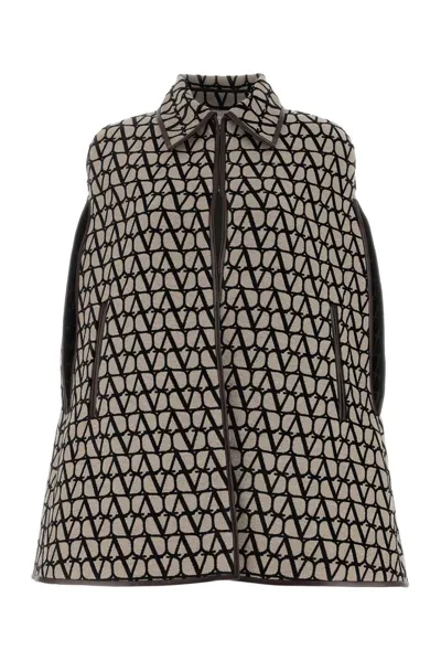 Valentino Leather-trimmed Canvas-jacquard Cape In Beige Black