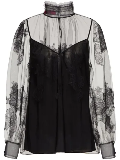 Valentino Tulle Illusione Embroidered Blouse In Black