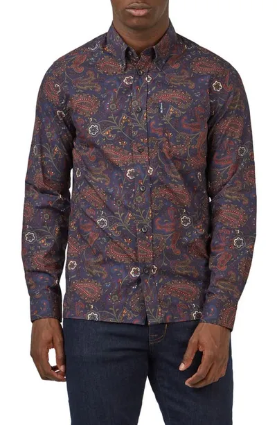 Ben Sherman Eastern Paisley Long Sleeve Button Down Shirt In Marine