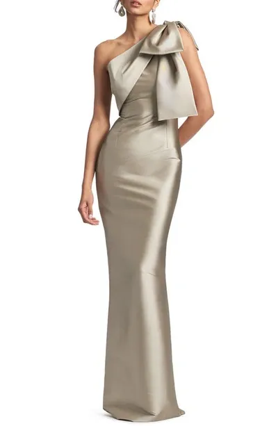 Sachin & Babi Bonnie One-shoulder Satin Column Gown In Pewter