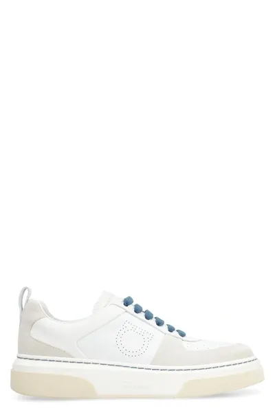 Ferragamo Women's White Leather Low-top Sneakers With Suede Inserts, Contrast Stitching, And Extra Laces In Bianco Ottico