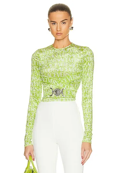 Versace All Over Logo Chenille Crop Top In Green+print