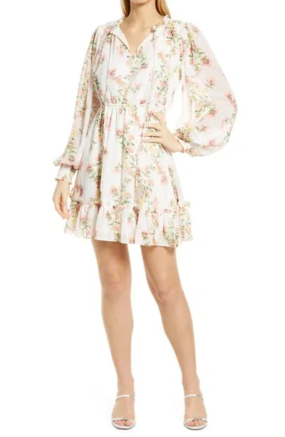 Rachel Parcell Chiffon Long Sleeve Minidress In Ivory Poppy Vine