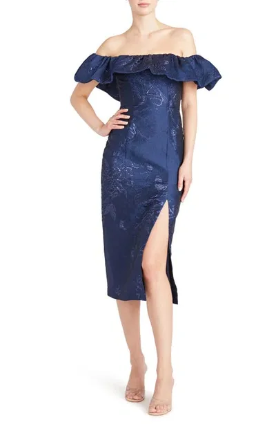 ml Monique Lhuillier Floral Print Metallic Off The Shoulder Ruffle Trim Midi Dress In Navy