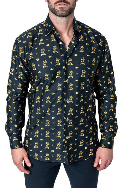 Maceoo Fibonacci Regular Fit Kingskull Black Button-up Shirt