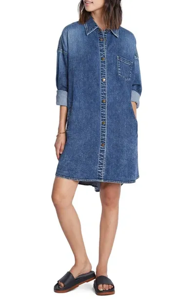 Wash Lab Denim Long Sleeve Denim Shirtdress In North Beach Blue