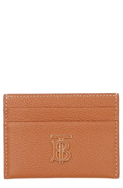 Burberry Tb Monogram Pebbled Leather Card Case In Warm Russet Brown