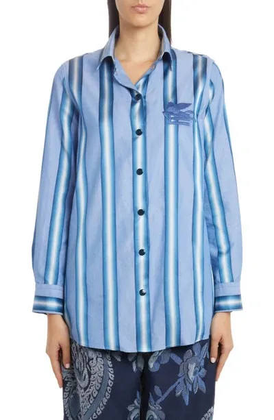 Etro Embroidered Striped Cotton And Silk-blend Shirt In Blue