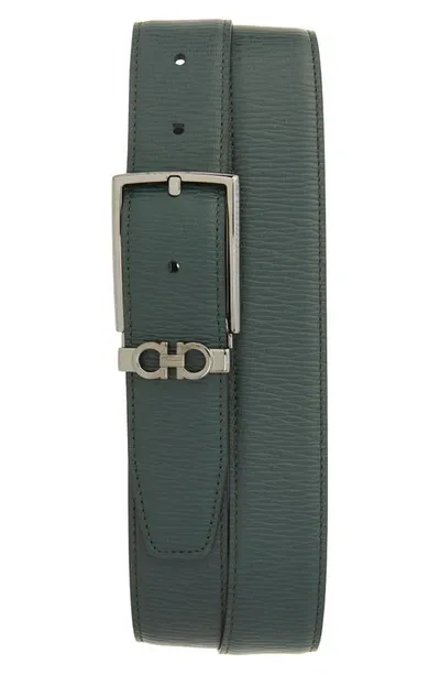 Ferragamo Double Gancio Loop Reversible Leather Belt In Agrifoglio Nero