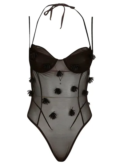 Jacquemus Le Body Ilha Beaded Mesh Bodysuit In Nero