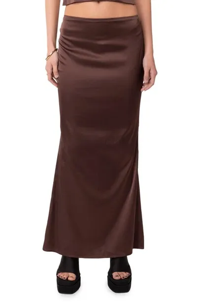 Edikted Ruched Satin Maxi Skirt In Brown