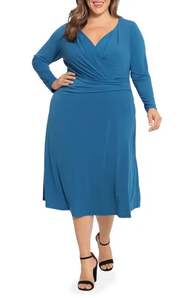 Maggy London V-neck Long Sleeve Faux Wrap Midi Dress In Classic Blue