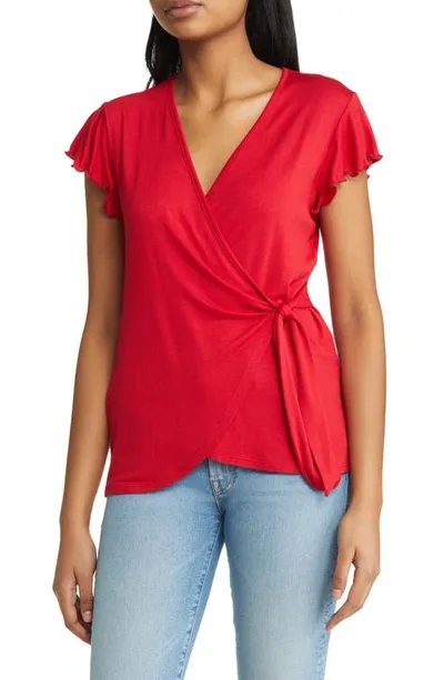 Loveappella Flutter Sleeve Jersey Wrap Top In Red