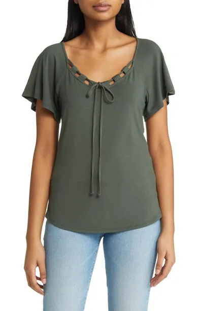 Loveappella Tie Neck Flutter Sleeve Top In Olive