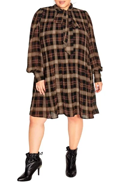 City Chic Sexy Plaid Print Long Sleeve Dress In Black Plaid