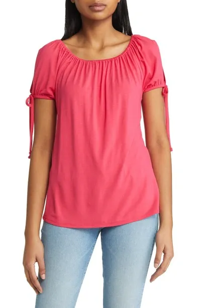 Loveappella Slit Sleeve Knit Top In Pink Polish