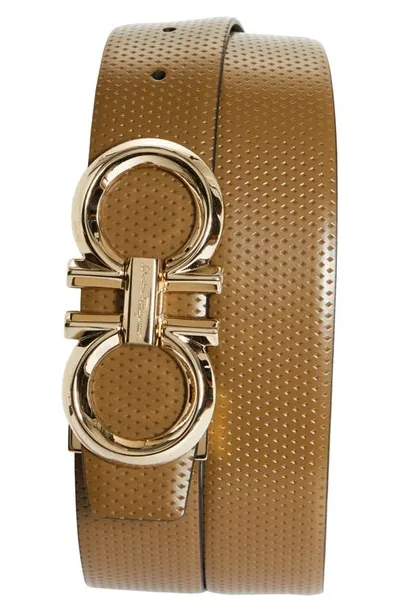 Ferragamo Double Gancio Textured Leather Belt In Rafia Nero