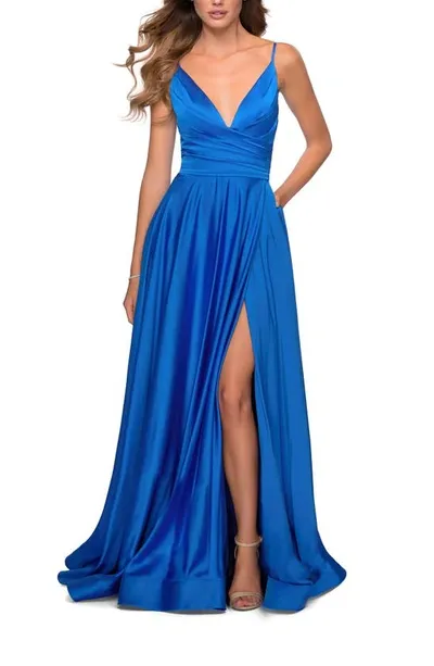 La Femme Strappy Back Satin Ballgown In Royal Blue