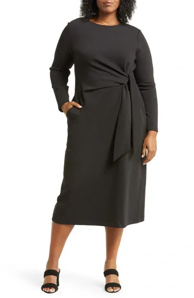 Nordstrom Tie Waist Long Sleeve Midi Dress In Black