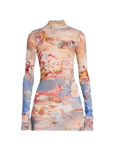 Balmain Turtleneck Sky-print Tulle Top In Neutral