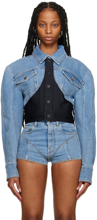 Mugler Denim-paneled Cropped Jacket In Medium Blue Black