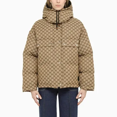 Gucci Camel Down Jacket In Gg Cotton Fabric