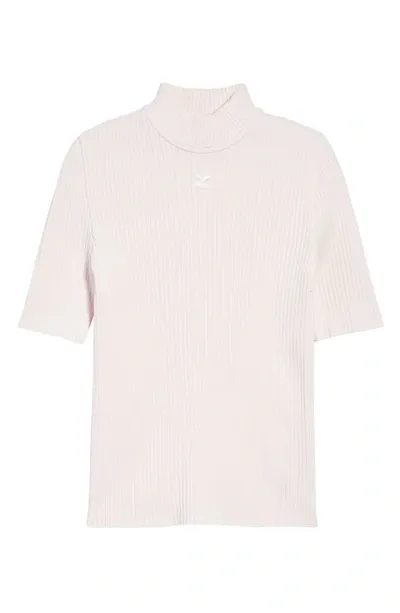 Courrèges Embroidered Logo Mock Neck Rib Sweater In Pale Pink