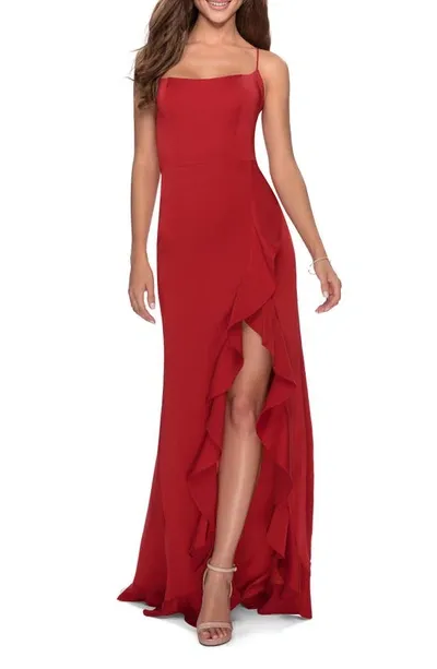 La Femme Flutter Slit Trumpet Gown In Red