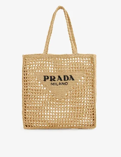 Prada Natural Logoed Crochet Tote Bag