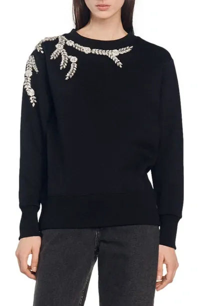 Sandro Marceau Embellished Cotton Blend Sweatshirt In Black