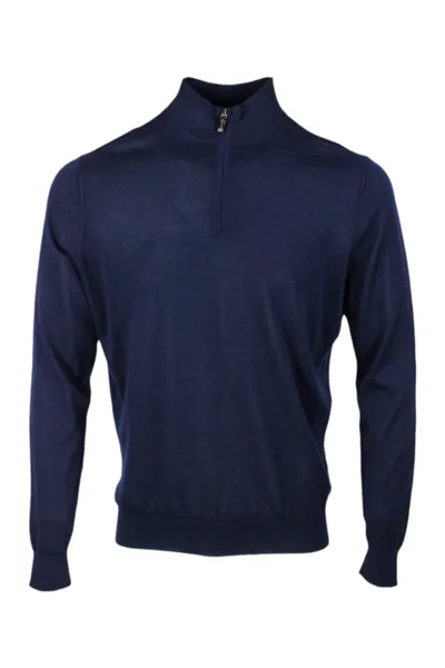 Colombo Light Half-zip Long-sleeved Sweater In Fine 100% Cashmere And Silk With Special Processing On The Pr In Azul