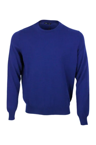 Colombo Long-sleeved Crewneck Sweater In Fine 2-ply 100% Kid Cashmere With Special Processing On The Edge Of In Azul