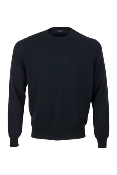 Colombo Long-sleeved Crewneck Sweater In Fine 2-ply 100% Kid Cashmere With Special Processing On The Edge Of In Black