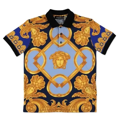 Versace Polo Bambino Blu Stampata In Piquet Di Cotone