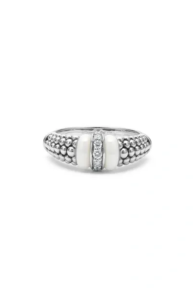 Lagos Ceramic & Sterling Silver White Caviar Diamond Stacking Ring In White/silver