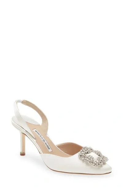 Manolo Blahnik Hangisli Crystal Buckle Pointed Toe Slingback Pump In White