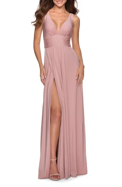 La Femme Plunge Neck A-line Gown In Mauve