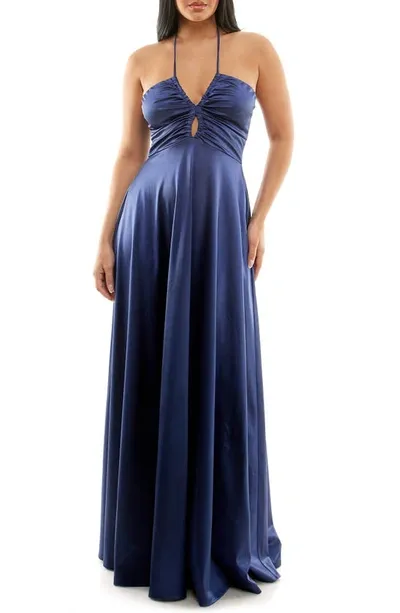 Speechless Halter Neck Keyhole Satin Gown In Navy