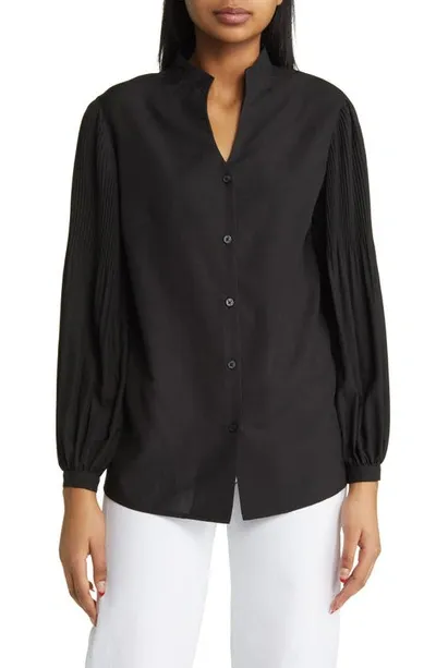 Misook Pleated-sleeve Split-neck Blouse In Black