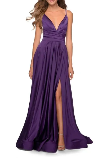 La Femme Strappy Back Satin Ballgown In Royal Purple