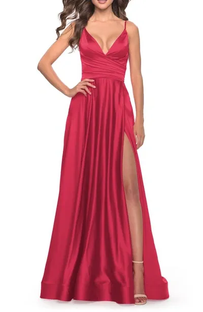 La Femme Strappy Back Satin Ballgown In Red