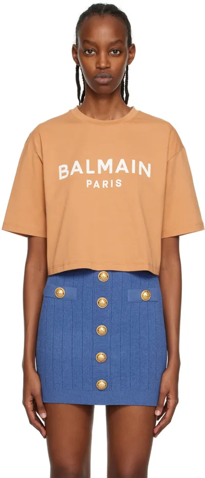 Balmain Logo-print Cropped T-shirt In Marrone