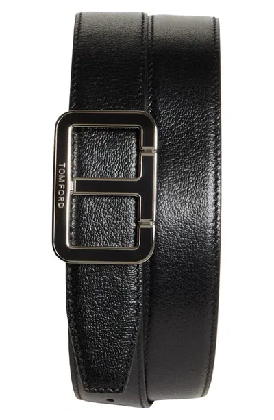 Tom Ford Scored Buckle Goatskin Leather Belt In Black