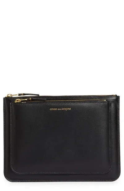 Comme Des Garçons Outside Pocket Leather Zip Pouch In Black