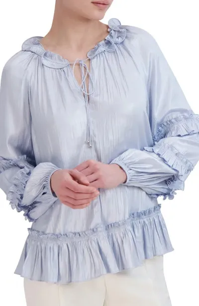 Bcbg Ruffle Long Sleeve Blouse In Light Blue