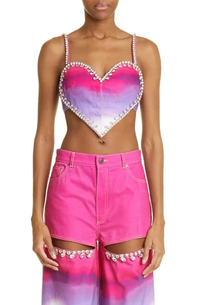 Area Crystal Trim Ombre Denim Heart Top In Pink Multi