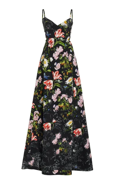 Oscar De La Renta Unfinished Embroidered Poplin Maxi Dress In Black Multi