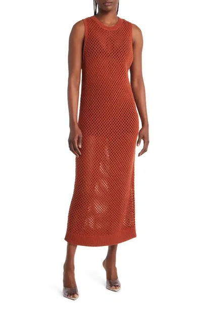 Open Edit Open Stitch Sleeveless Cotton Blend Sweater Dress In Brown Spice