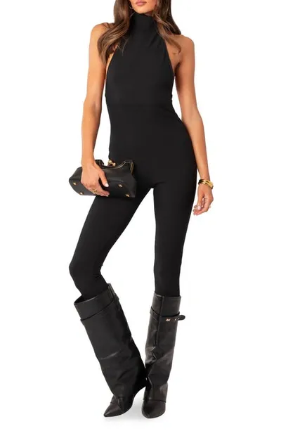 Edikted Aero Open Back Halter Jumpsuit In Black